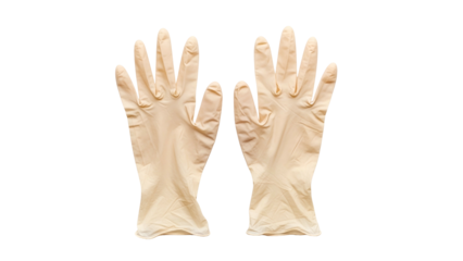 Two tan medical gloves, palms up, isolated on a black background, with defined fingers