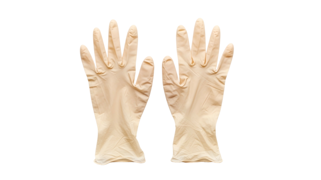 Two tan medical gloves, palms up, isolated on a black background, with defined fingers
