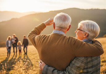 Senior couple embracing and watching their family approach in a field at sunset