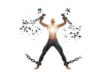 Man breaks free from chains, shining with inner light