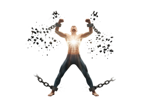 Man breaks free from chains, shining with inner light