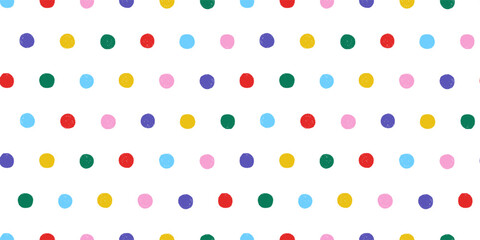 Seamless pattern with multicolored circles, hand drawn round shapes with wax crayon texture. Naive childish polka dot funny geometric print for children, vector illustration on transparent background