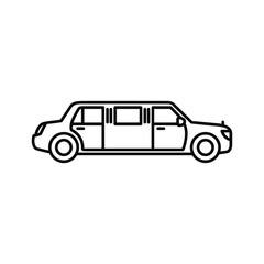 Simple black and white line art icon representing a long stretch limousine viewed from the side, isolated on
