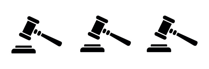 Gavel icons illustrating judge gavels in multiple styles, featuring flat and outlined hammer symbols for legal decisions, courtroom justice themes, law authority visuals, and vector isolated illustrat