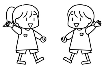 笑顔で手を振る子供たち（バイバイ）の線画イラスト