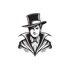 Vector illustration of a magician in full and attractive attire, wearing a suit, bow tie, and a typical magician's hat.