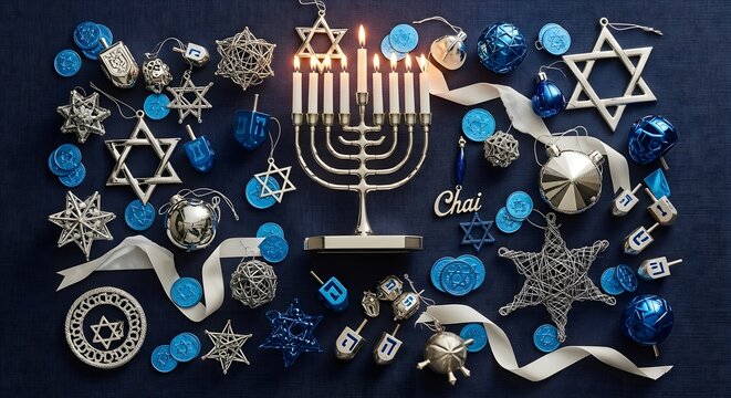 A festive Hanukkah celebration with a lit silver menorah surrounded by blue and silver dreidels, gelt, and Star of David ornaments on a dark background.