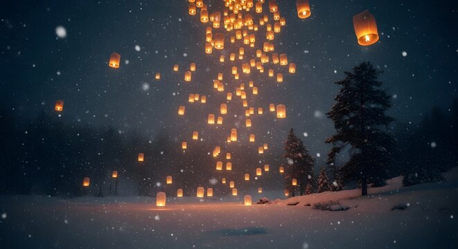 Magical sky lanterns illuminate a serene winter landscape as snow gently falls at night.