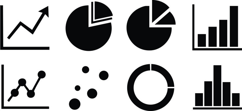 Black and white chart and graph icons set with pie, line, bar, scatter, and donut styles vector illustration