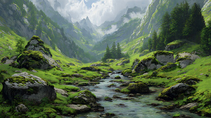 Verdant mountain valley with flowing stream and mossy rocks lush green grass pine trees