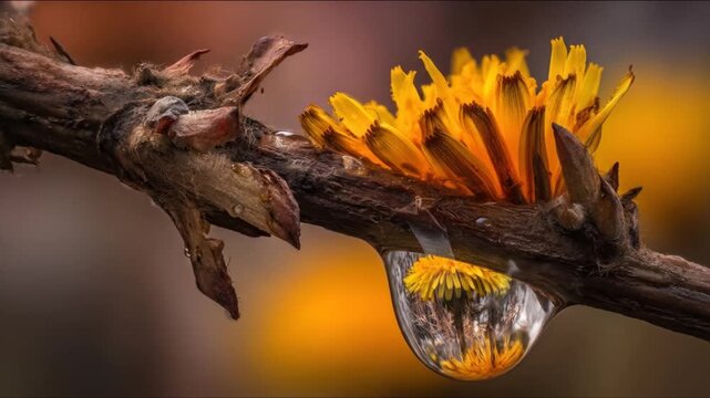 Close-up of a twig with a bright yellow flower and a water droplet reflecting the flower