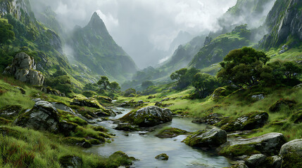 Verdant valley with flowing river and mist covered peaks mountains