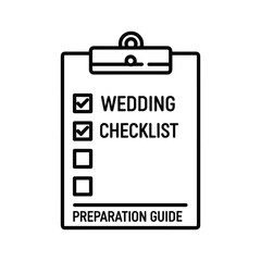 Black and white line icon of a wedding checklist on a clipboard for preparation guide isolated on