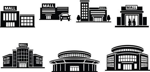 Shopping mall building icons vector set with various architectural styles and storefront designs