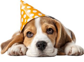 Beagle puppy dog cute portrait wearing party hat lying on floor adorable pet small breed playful animal