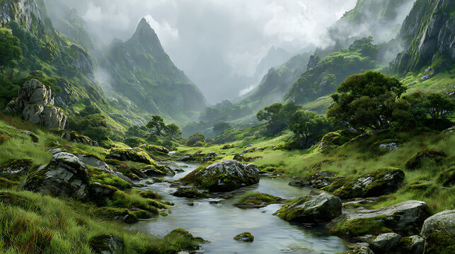 Verdant valley with flowing river and mist covered peaks mountains