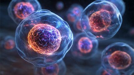 Vibrant biological cells glowing with internal energy and intricate structures biology microscopic