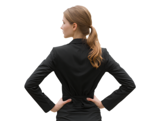 Business woman in formal suit with ponytail and her arms folded behind her back isolated on transparent backdrop