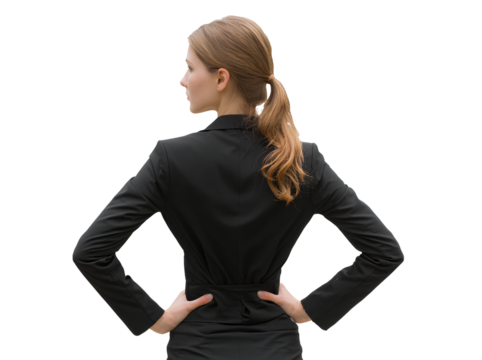 Business woman in formal suit with ponytail and her arms folded behind her back isolated on transparent backdrop