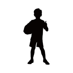 Silhouette of a boy holding a ball and giving a thumbs up gesture