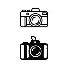 Two black and white line art icons representing a modern camera and a compact camera, isolated on