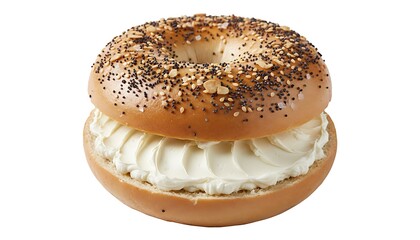 Delicious everything bagel with cream cheese filling isolated on white background