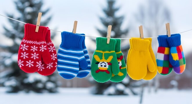 Five colorful pairs of mittens hang on a clothesline outdoors, secured with wooden clothespins, against a blurred snowy background with trees. - Powered by Adobe