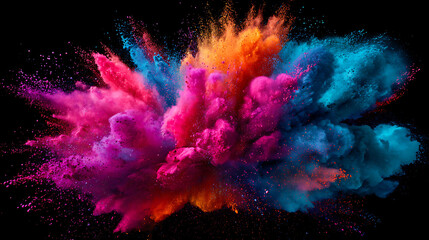 Vibrant explosion of pink blue orange powder clouds against black powder explosion color splash