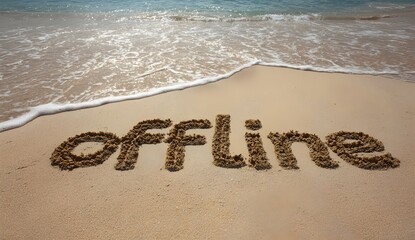The word “offline” written in sand near the shoreline symbolizes taking a break from technology, embracing mindfulness, relaxation, and reconnecting with nature as waves gently wash the beach.