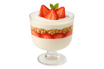 Breakfast parfait with layers of fresh strawberries, creamy yogurt, and crunchy granola, a sweet healthy dessert