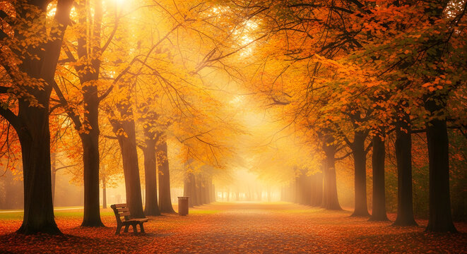 Sunlit autumnal avenue with golden leaves and fog perfect for a fall background