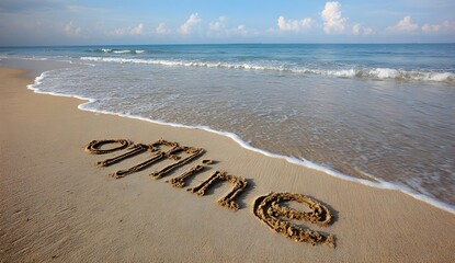 The word “offline” written in sand near the shoreline symbolizes taking a break from technology, embracing mindfulness, relaxation, and reconnecting with nature as waves gently wash the beach.