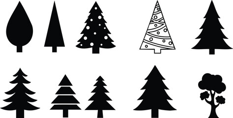 Fototapeta premium Various tree silhouette vector icons including pine, fir, and stylized leaf shapes in black and white design