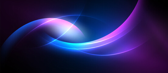 Abstract design features flowing curves, vibrant blues, purples, bright light. Smooth gradients create dynamic visual effect.