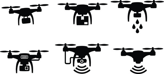 Drone silhouette icons showing aerial photography delivery spraying and signal transmission vector illustration