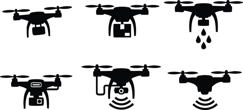 Drone silhouette icons showing aerial photography delivery spraying and signal transmission vector illustration