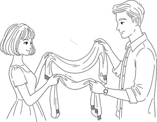 Couple choosing a colorful scarf together in a boutique shop illustration