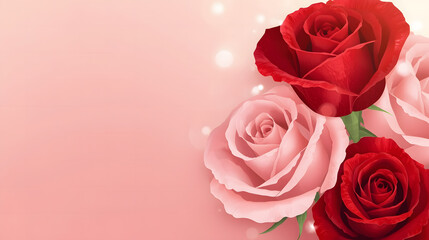 Romantic Roses: Close-up of delicate roses, with a perfect blend of red and pink petals, artfully arranged against a soft gradient backdrop, radiating elegance and affection.