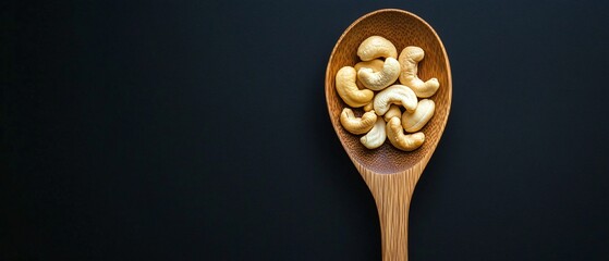 Elevated wooden spoon with cashew nuts on black background