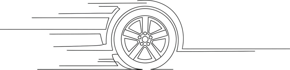 Obraz premium Car wheel in motion shown with speed lines in a minimalist line drawing