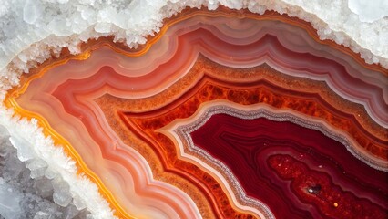 Vivid Mineral Background Quartz Crystals Surrounding Concentric Orange and Red Layers