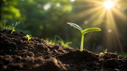 Young seedling growing in dark soil with bright sun flare