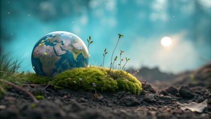 Small earth globe resting on mossy ground at dusk
