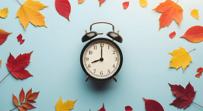 Autumn time change alarm clock surrounded by colorful fall leaves on blue background