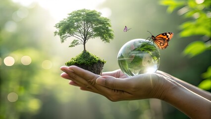 Hands holding small tree and earth in glass ball