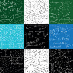 A collection of mathematical equations and formulas on a blackboard. A set of hand-drawn diagrams and graphs on white, black, green backgrounds.
