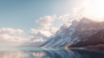 Snowy mountains reflected on calm lake