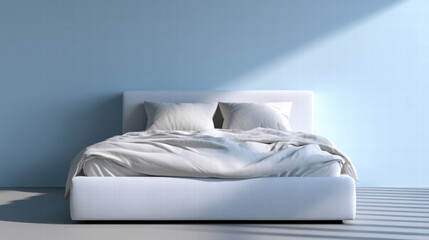 White velvet bed in bright modern room with soft pillows and sunlight casting shadows on blue wall