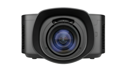 Close-up of a dark gray projector lens, wide and centered, against a black background