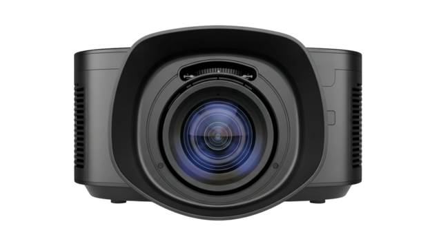 Close-up of a dark gray projector lens, wide and centered, against a black background